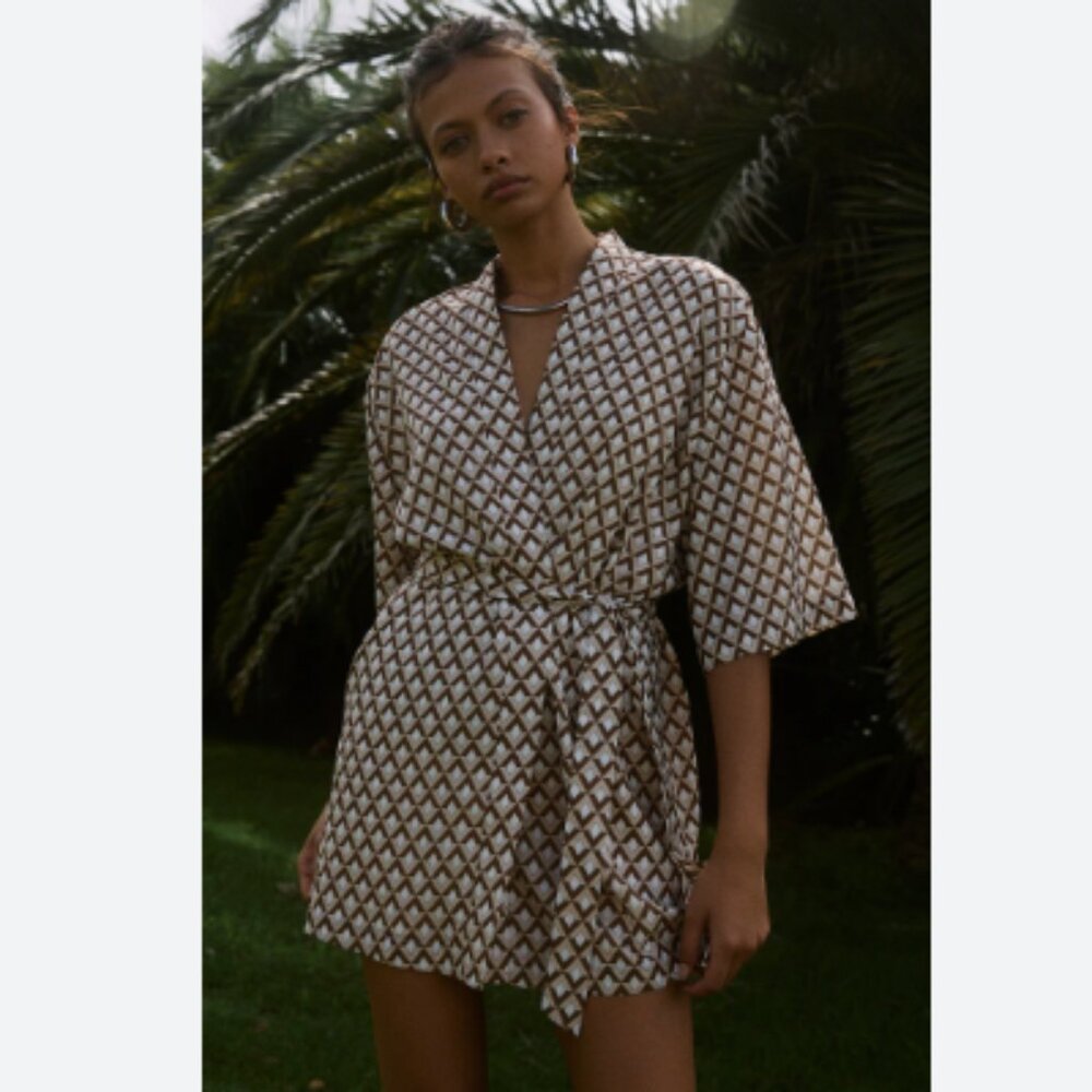 Geometric Cream and Brown Short Wrap Dress